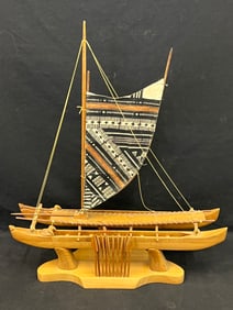 Hawaii Koa Wood Hokule Doube Haul Canoe,Stand - Signed Handcrafted Hawaiian Koa Wood + Handpainted