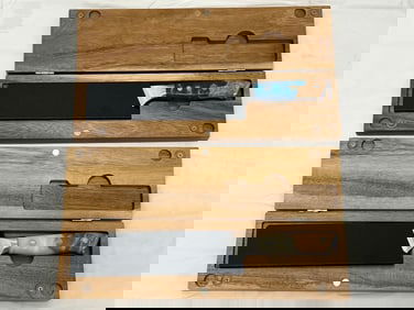 (2) Damascus 13 '' Knives w/ Wooden Box Cutting Boards NOS - 9'' Blade , Converts  to Cutting