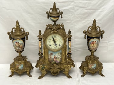 Italian Franz Hermle Lancini Garniture 3pc Set - 3pc Porcelain - Mantle Clock w/ Gilt Brass 9'' x