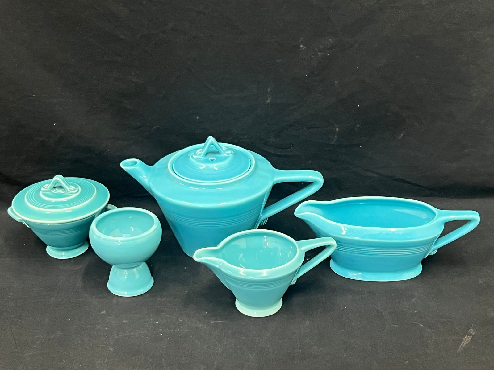 5pcs Homer Laughlin Harlequin Turquoise Pottery - Teapot, Sugar, Creamer, Gravy, Egg Cup (1 of 5)