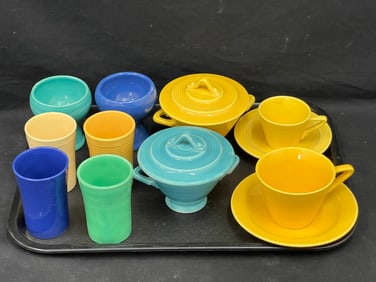 10pcs Homer Laughlin Harlequin Pottery - Sugars, Demi Cup w/ Saucer, (2)Egg Holders, (4)Juice