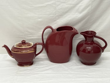 3pcs Cinnabar Colored Pottery Fiesta + Hall - Fiesta Pitcher, Hall Hollywood Teapot, Hall Water