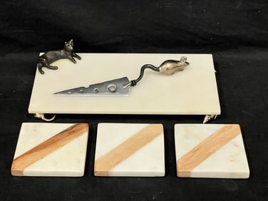 Michael Aram Marble Cat & Mouse Charcuterie Board - Marble w/ Mouse Feet & Cat on Cheese Decor