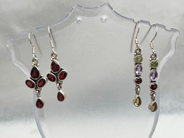 (2)Pr Sterling Silver Gemstone Earrings - (1)Garnet, (1)Peridot / Amethyst / Citrine / Garnet