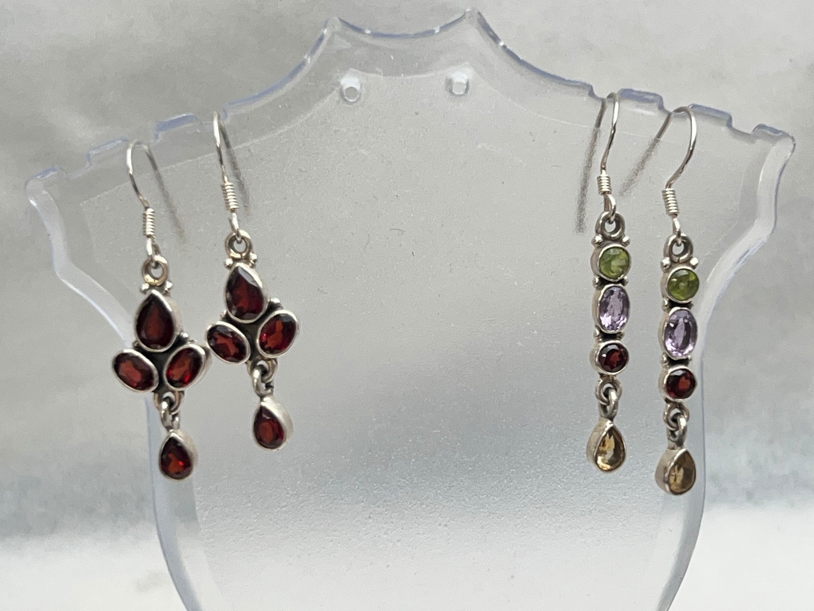 (2)Pr Sterling Silver Gemstone Earrings - (1)Garnet, (1)Peridot / Amethyst / Citrine / Garnet (1 of 5)