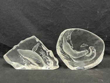 (2)Mats Jonasson Crystal Whale & Otters -  Otters w/ Fish 7'' x 8'' , Whale 6'' x 9.5'' (See Photos,