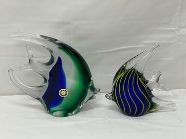(2)Murano Vinci Art Glass Fish Figures -  Both w/ Original Stickers Attached - (1)7'' x 6.5'' ,