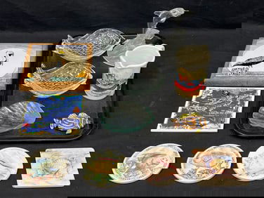 Asst Ocean Themed + Fish Items - Shell + Fish Trays, Pelican Tile, Stone Fish Coasters, Signed