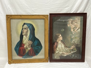 (2)Antique Religious Prints in Period Frames - (1)Gold Tone 19.5'' x 24'' + (1)Wooden Framed 17.5''