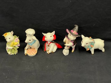 (5)Lenox China Pig Figures - Porkula, Bakery Treat, Sunflower, Witch, Holiday Christmas