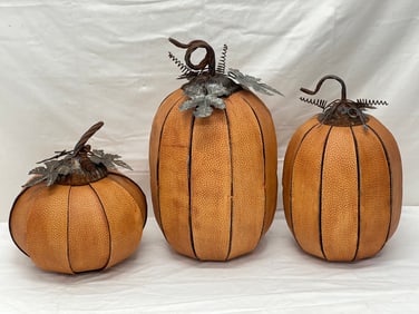 (3)K+K Interiors Split Leather Pumpkins - 14.5'' T, 12''T, 9''T