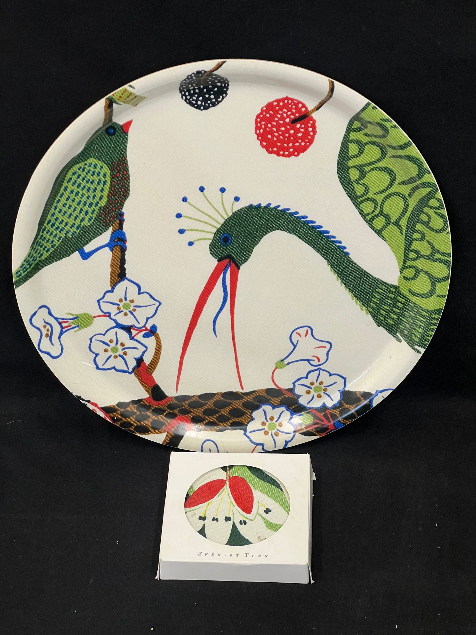 Josef Frank-Grona Faglar Svens Tray + Coasters - Svens Tenn Birch Veneer Tray w/ Josef Frank Design: Josef Frank-Grona Faglar Svens Tray + Coasters - Svens Tenn Birch Veneer Tray w/ Josef Frank Design + Grona Faglar Trees of Life w/ (6)Coasters in Box - Tray 12.25''