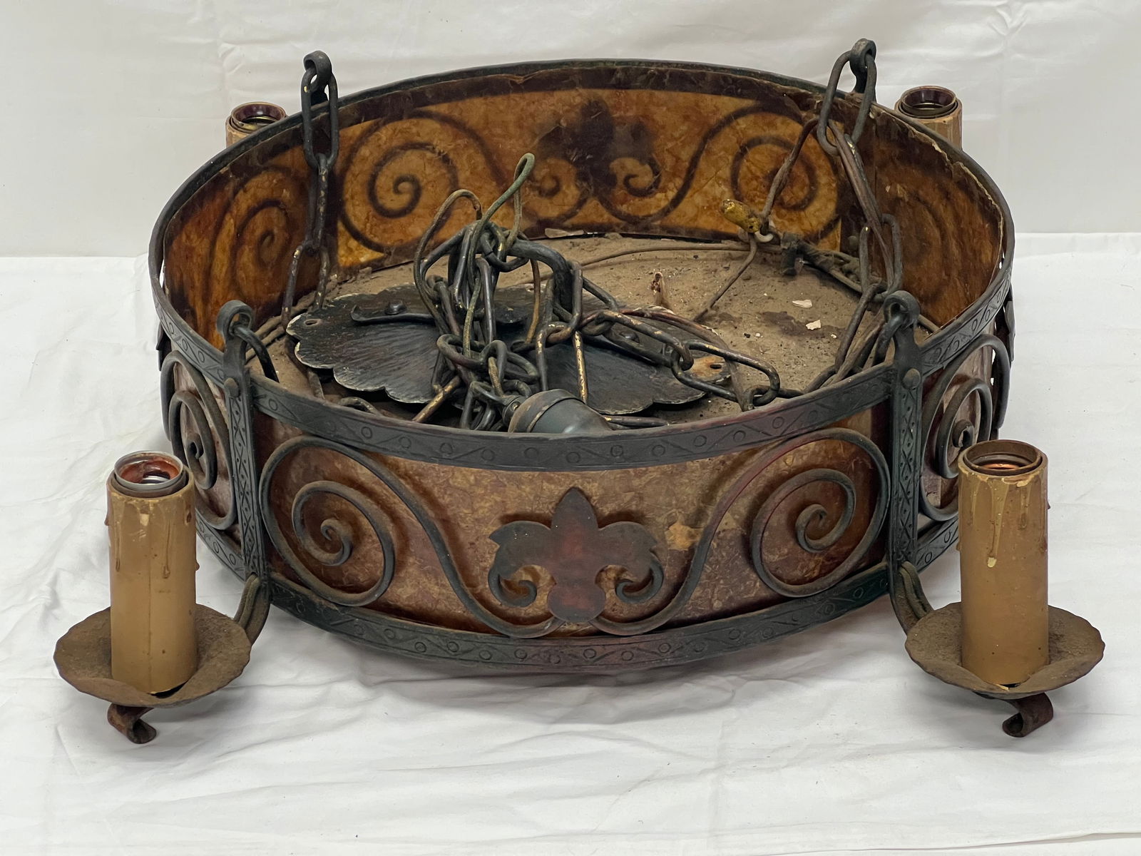 19thC Spanish Revival Wrought Iron Chandelier - Spanish 4 Candlestick Light w/ Mica - 23'' x 6''T (1 of 5)