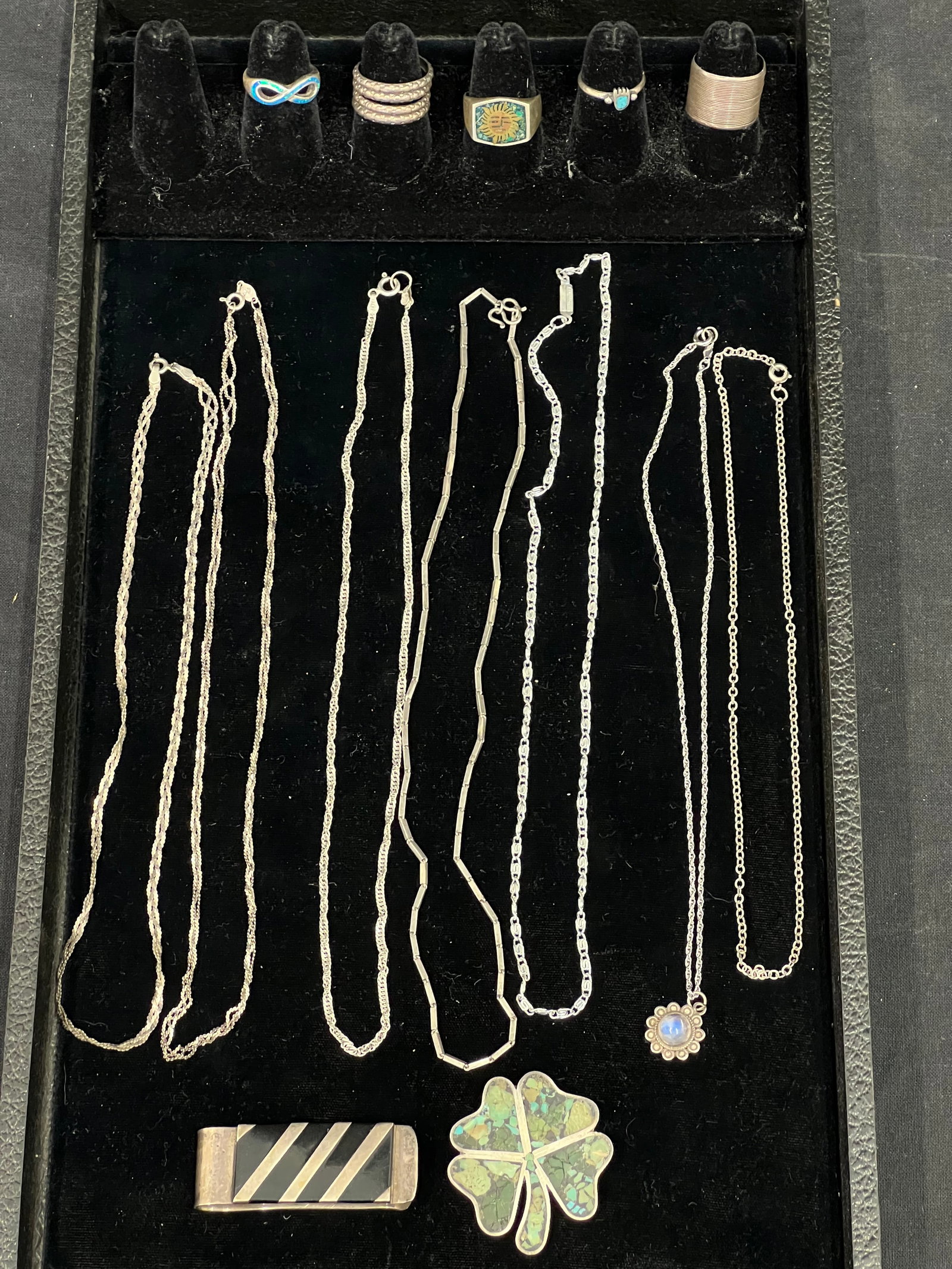 Sterling Silver Vintage Jewelry, TW 94.12g - Sterling Onyx Mexico Money Clip, Inlay Stone Clover: Sterling Silver Vintage Jewelry, TW 94.12g - Sterling Onyx Mexico Money Clip, Inlay Stone Clover Pin, Ast Italian Necklaces, (5)Rings in Various Sizes / Styles