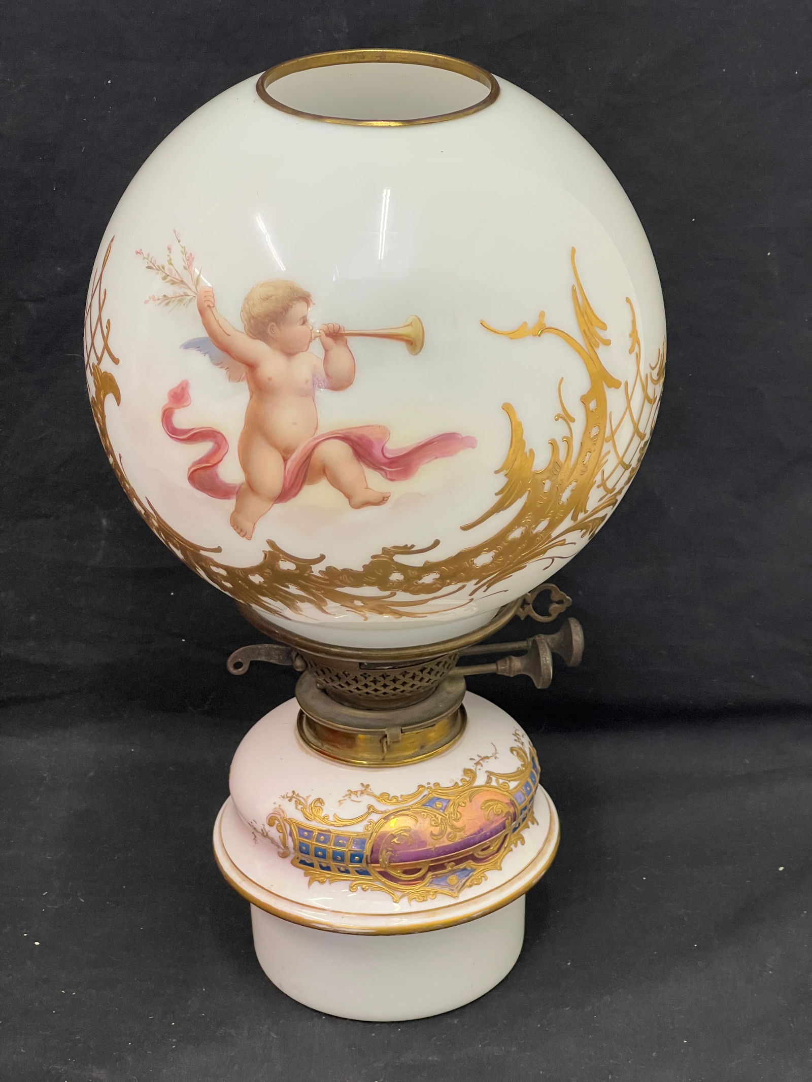 Atq Sevres Double Wick Oil Lamp Cherub Top 14.5''T - Sevres Porcelain Bottom w/ Messenger Duplex (1 of 7)