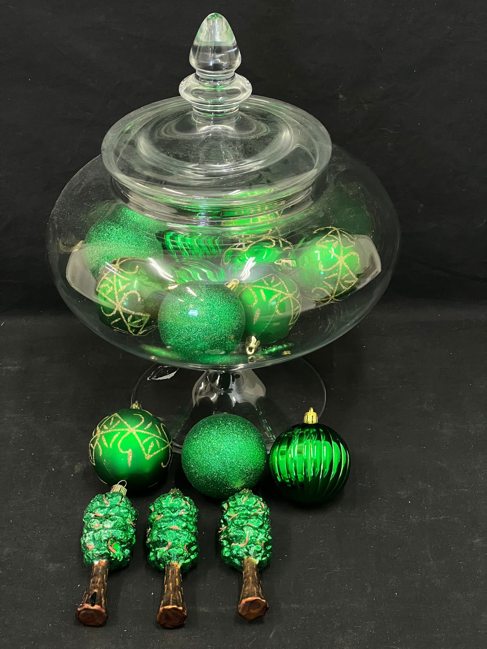 Great Vtg Covered Jar w/ Old World Christmas Ornaments - 37''Circ. x 15''T , (3)Old World Christmas (1 of 3)