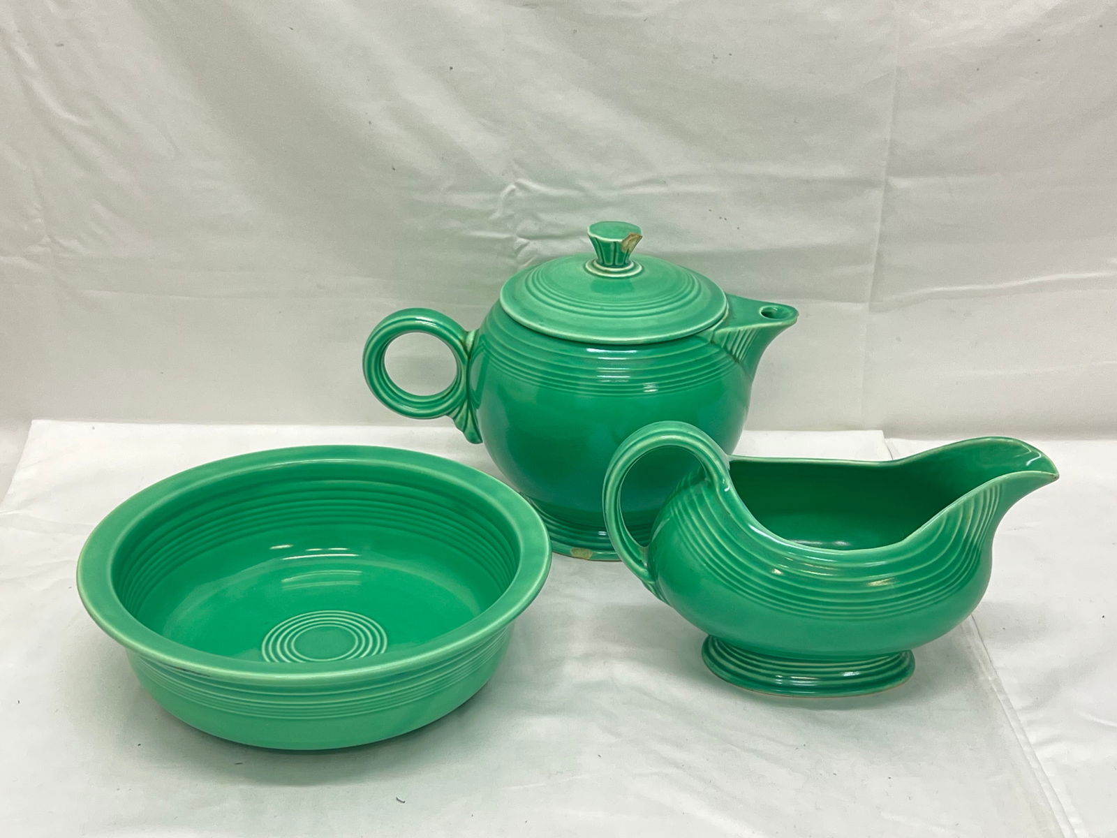 Vintage Green Fiesta Ware Pottery - Gravy, 8.5'' x 2.5'' Bowl (Side Chip) + Teapot (Chips, See (1 of 14)