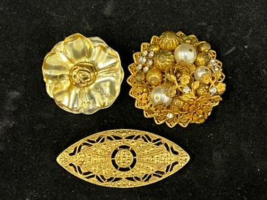 1930s Miriam Haskell Brooch, Kenzo Lucite Pin - Kenzo Signed Yellow Lucite Gold Tone Brooch Pendant,