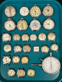 Asst Vtg Pocket Watches + Watch Faces - Elgin, Waltham, Westclox, Leica, Agon + More - Pocket