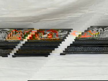 (2)Russian Lacquer Boxes Palekh - Handpainted & Signed 3 Department & Drawer Box 10'' x 5'' x 3.5''