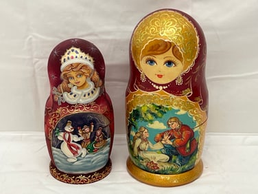 Large Matryoshka Russian Nesting Dolls - (1)9''T w/ 7 Fairytale Courting Scene + (1)6.5''T w/ 5