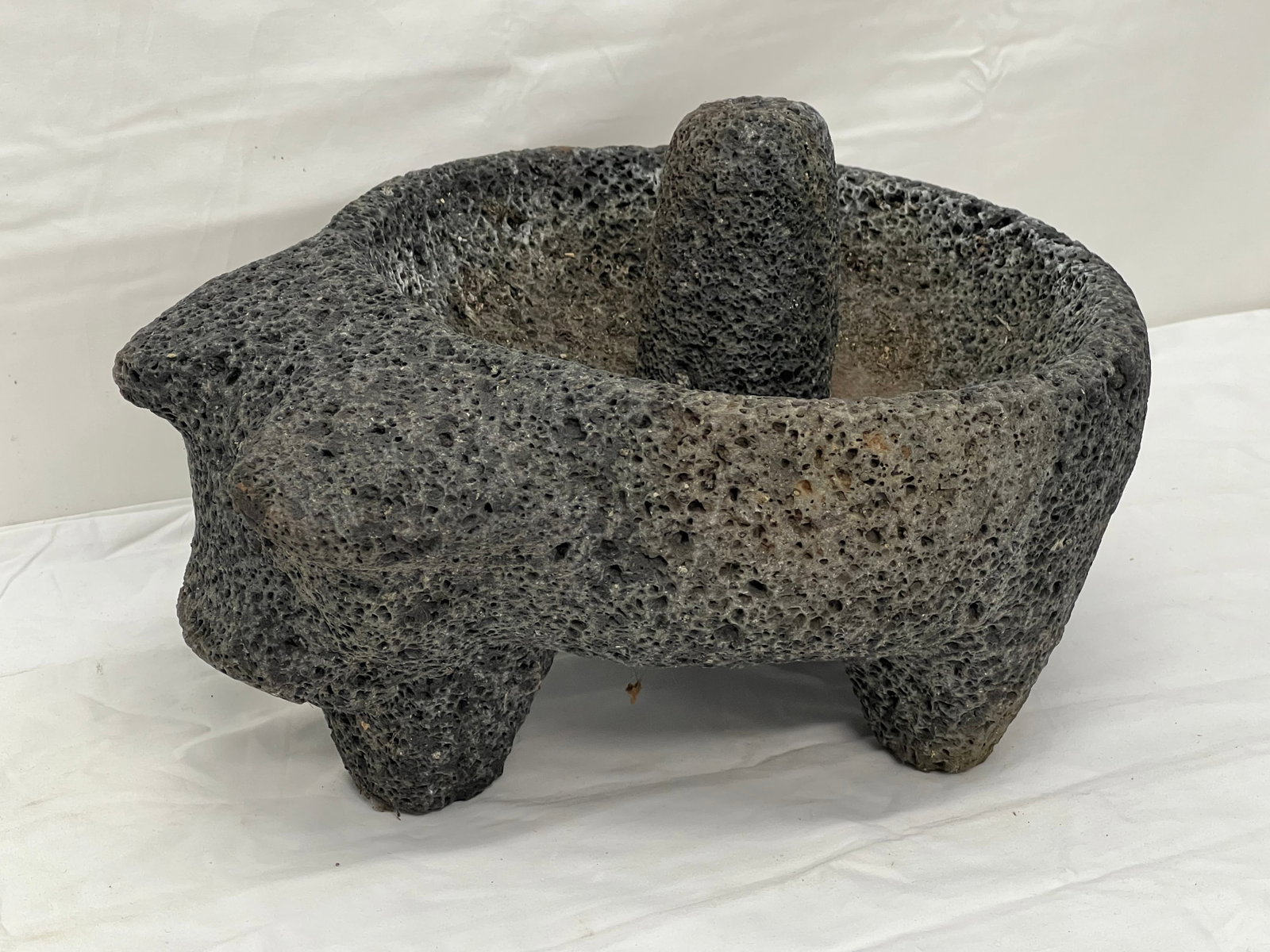 Lava Rock Mortar w/ Pestle 13.25'' x 10.5'' x 6''T Pig Shaped: Lava Rock Mortar w/ Pestle 13.25'' x 10.5'' x 6''T Pig Shaped