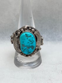 Signed Navajo Sterling Turquoise Ring, Sz 10 - Native Navajo Ring Signed 'DM' - TW 15.55g