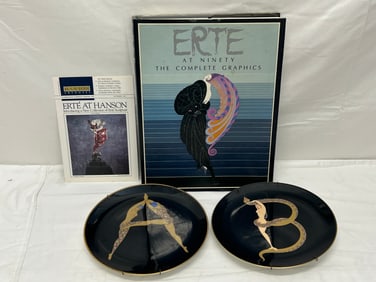 (2)ERTE Deco Alphabet Plates, Graphic Book - Art Deco 9'' A & B Plates , Erte at Ninety Complete