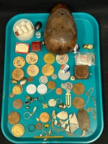 Misc- Watch Fob, Medallions, Relic & More - Cuff Links, South Sea Wooden Carved Box, Stick Pin, 1939