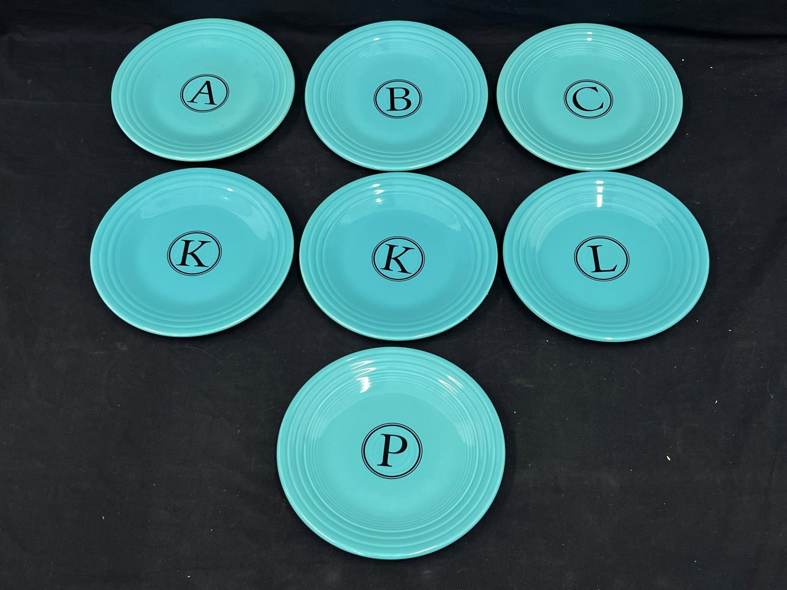 (7)Fiesta Ware Monogram Letter Plates 9'' - A, B, C, (2)K, L + P: (7)Fiesta Ware Monogram Letter Plates 9'' - A, B, C, (2)K, L + P