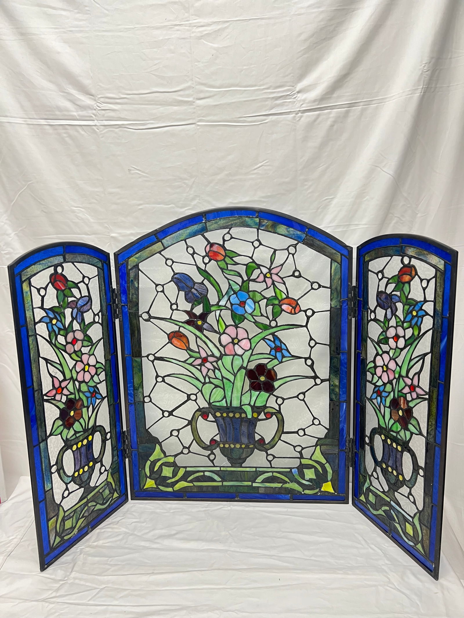 Stained Glass 3 Panel Screen, Overall 42'' x 28'' - Colbalt Blue Trim w/ Flower Motif - Middle Panel (1 of 5)