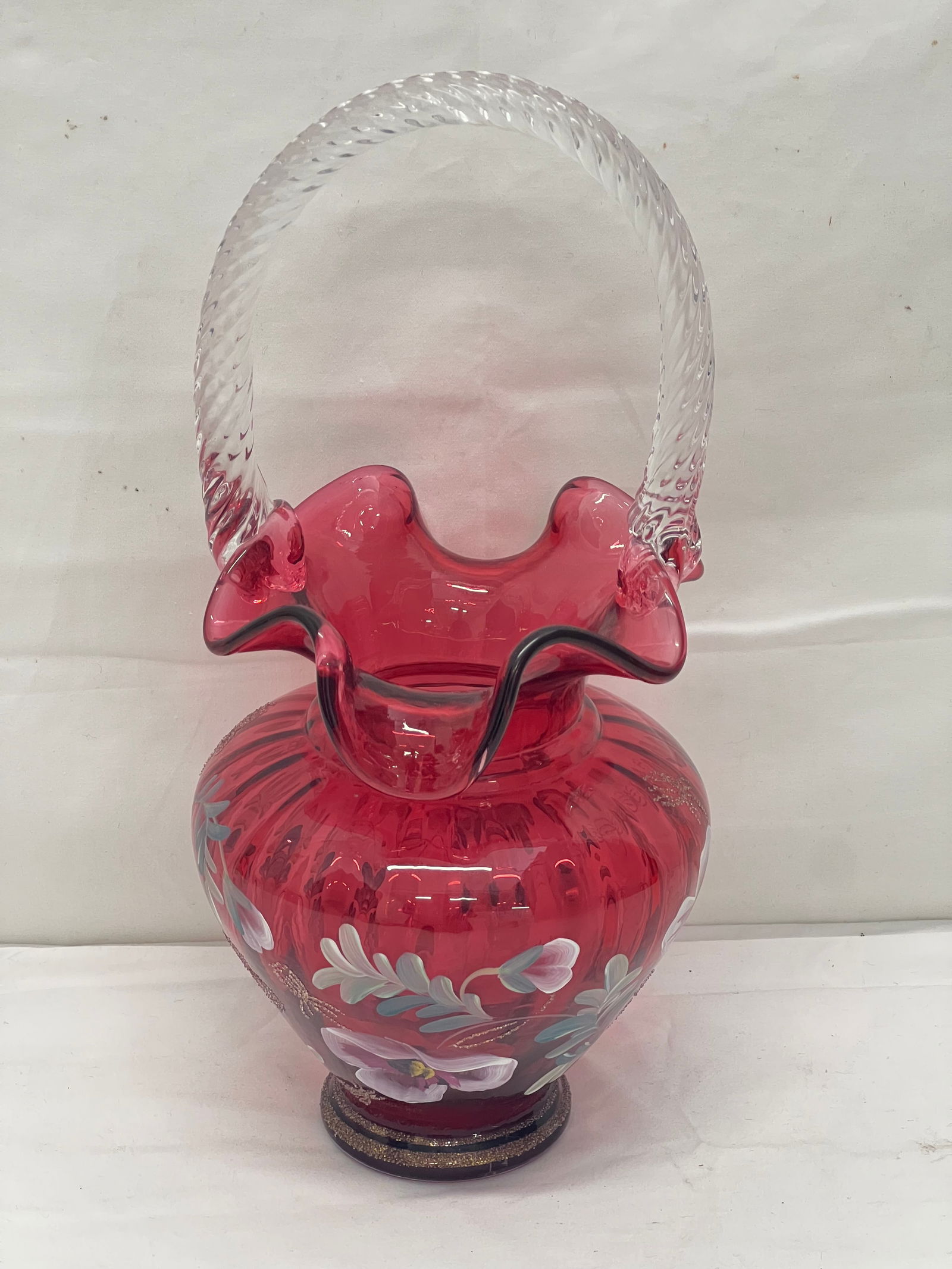 Signed Bill Fenton Legacy Collection Cranberry Basket - Handpainted by B.Williams + Signed Bill (1 of 5)