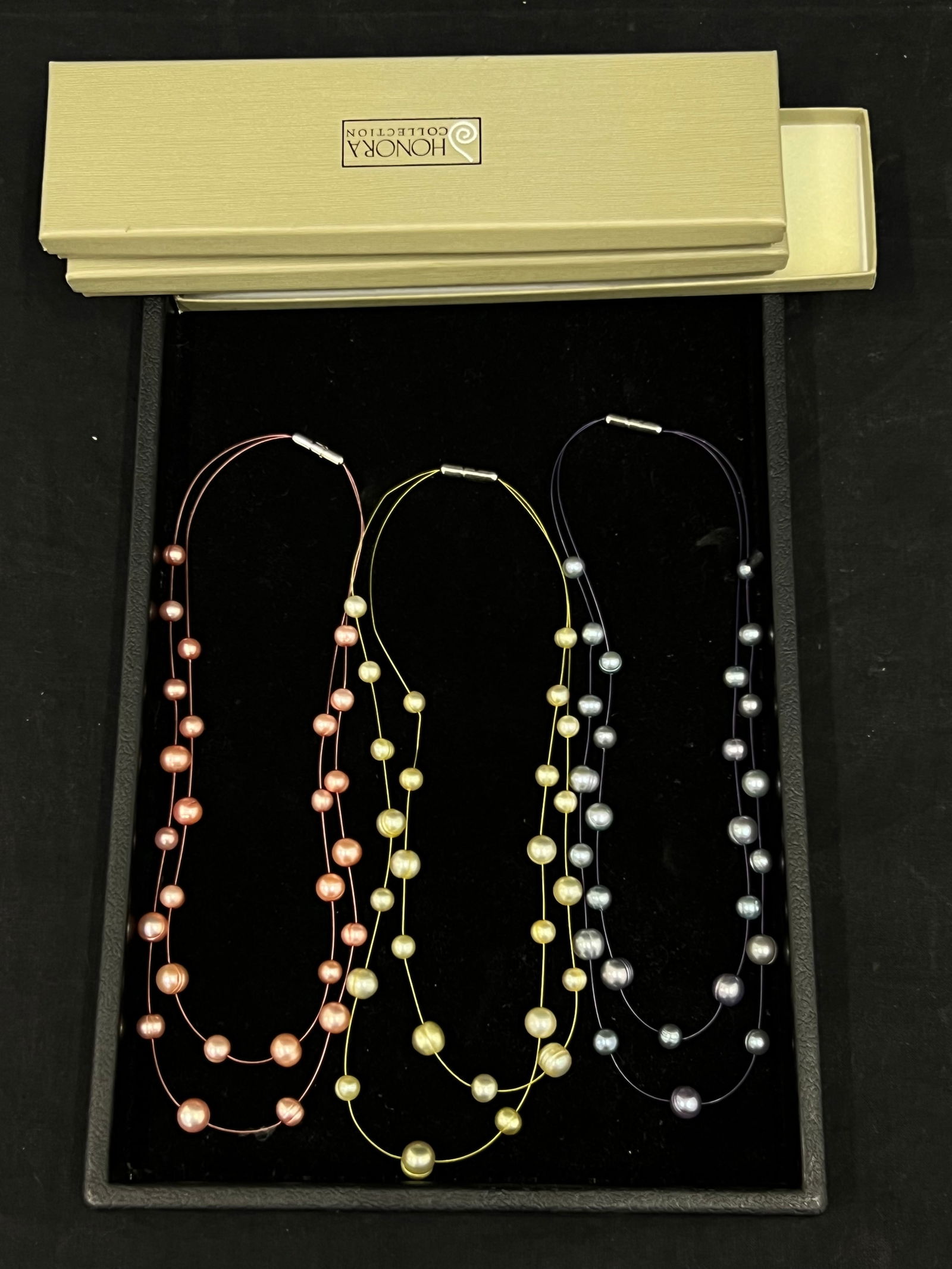 (3)Asst Colored Pearl Necklaces Double Strand - Honora Collection w/ Boxes, 1 Has No Lid (1 of 4)