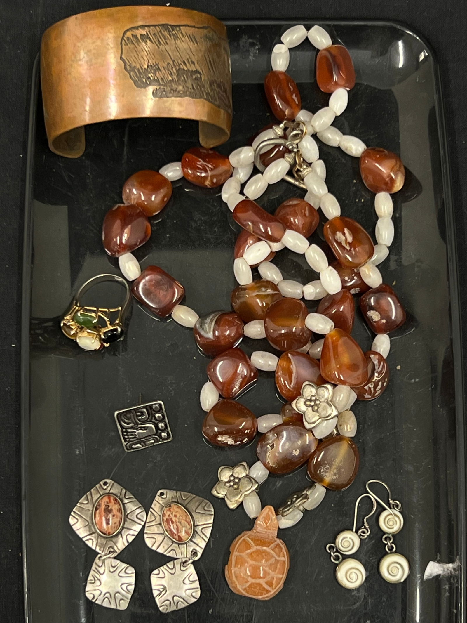 Asst Jewelry,Carved Stone Turtle Necklace,More - Copper Etched Whale Bracelet, Vtg 36''L Stone: Asst Jewelry,Carved Stone Turtle Necklace,More - Copper Etched Whale Bracelet, Vtg 36''L Stone Necklace w/ Carved Turtle Pendant, Earrings & More