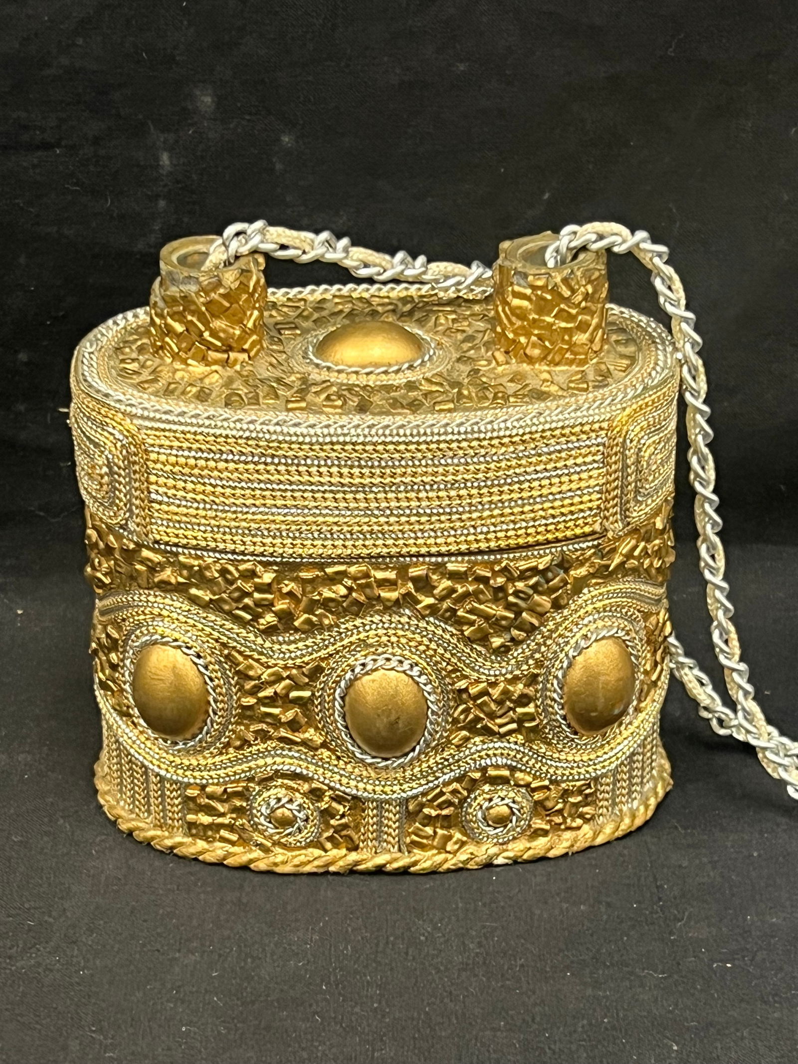Mary Frances Paper Mache Handbag 5'' x 3'' x 5.5'' - Gold + Silver Tone w/ Chain Strap (1 of 5)