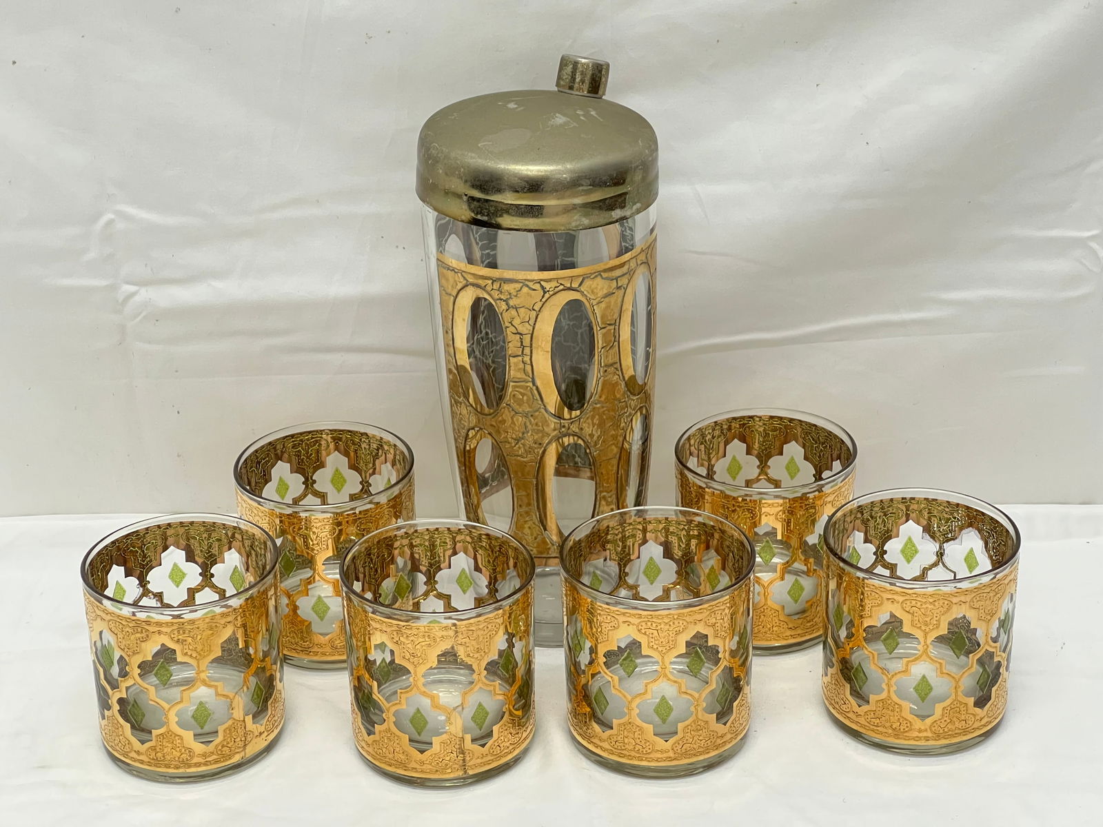 Mid Century Culver 22K Decanter & Glasses - 7pc Bar Set , Mid Century - Decanter / Shaker 25.5''T , (1 of 3)