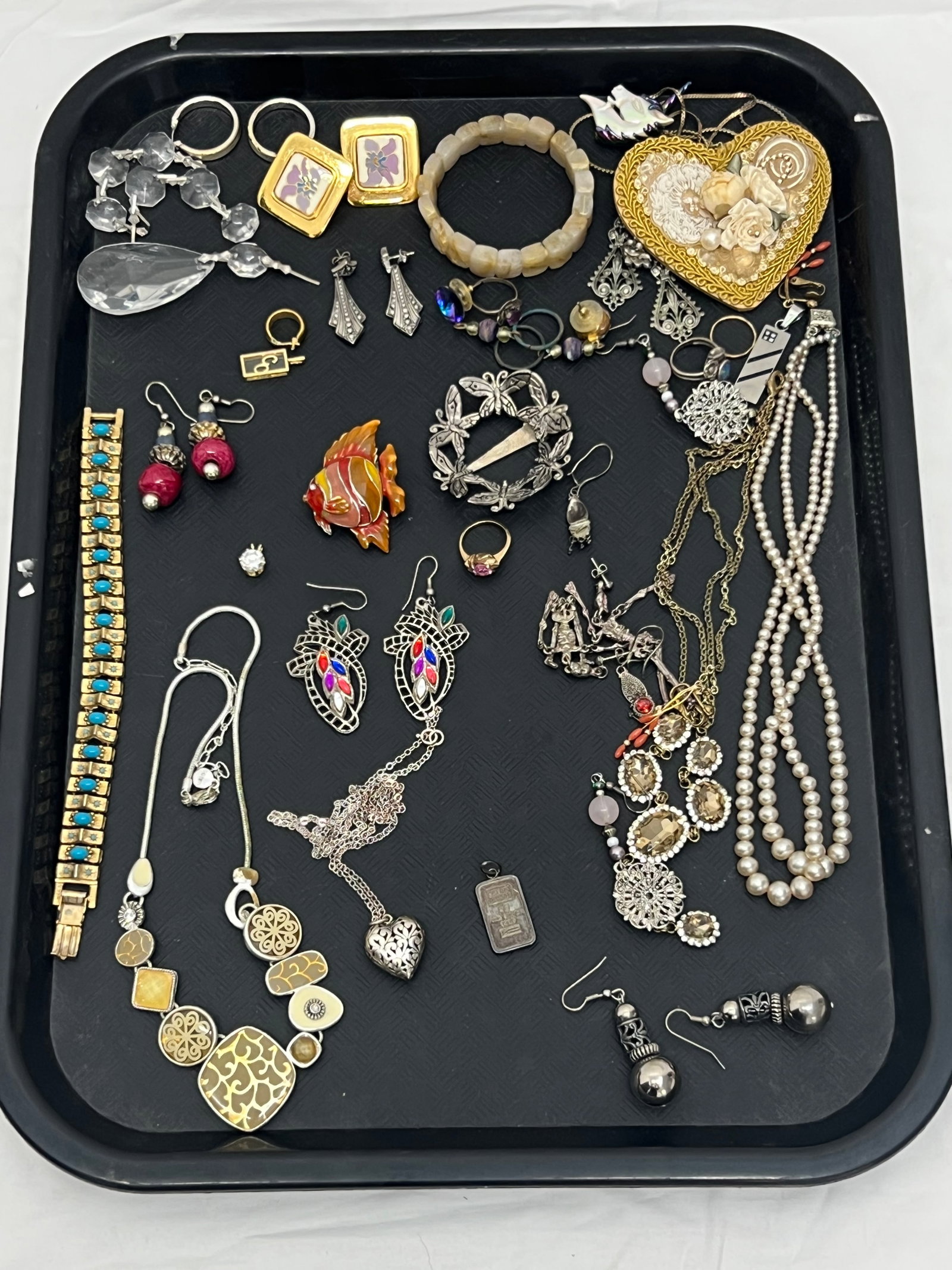 Asst Jewelry Rhinestones, Enamel + More - Enamel Fish Pin, Necklaces, Asst Earrings, Stone Bracelet: Asst Jewelry Rhinestones, Enamel + More - Enamel Fish Pin, Necklaces, Asst Earrings, Stone Bracelet + More