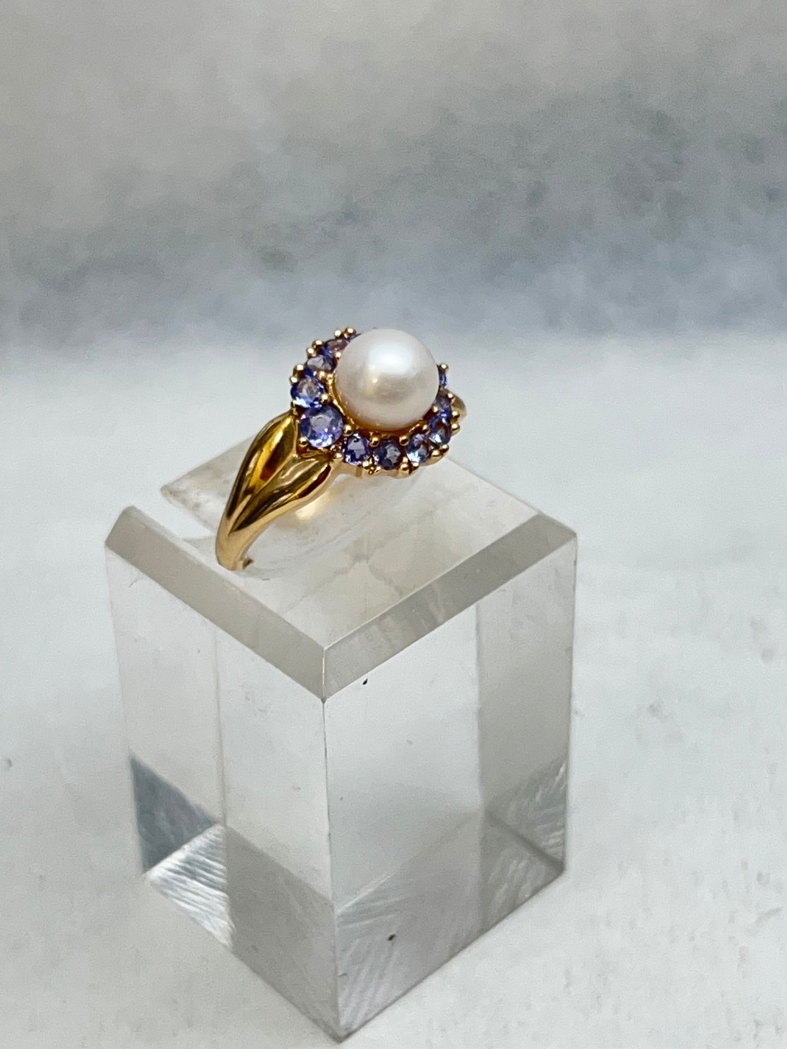14K Gold Ring Pearl & Blue Tourmaline, TW 3.96g, Sz 7 (1 of 3)