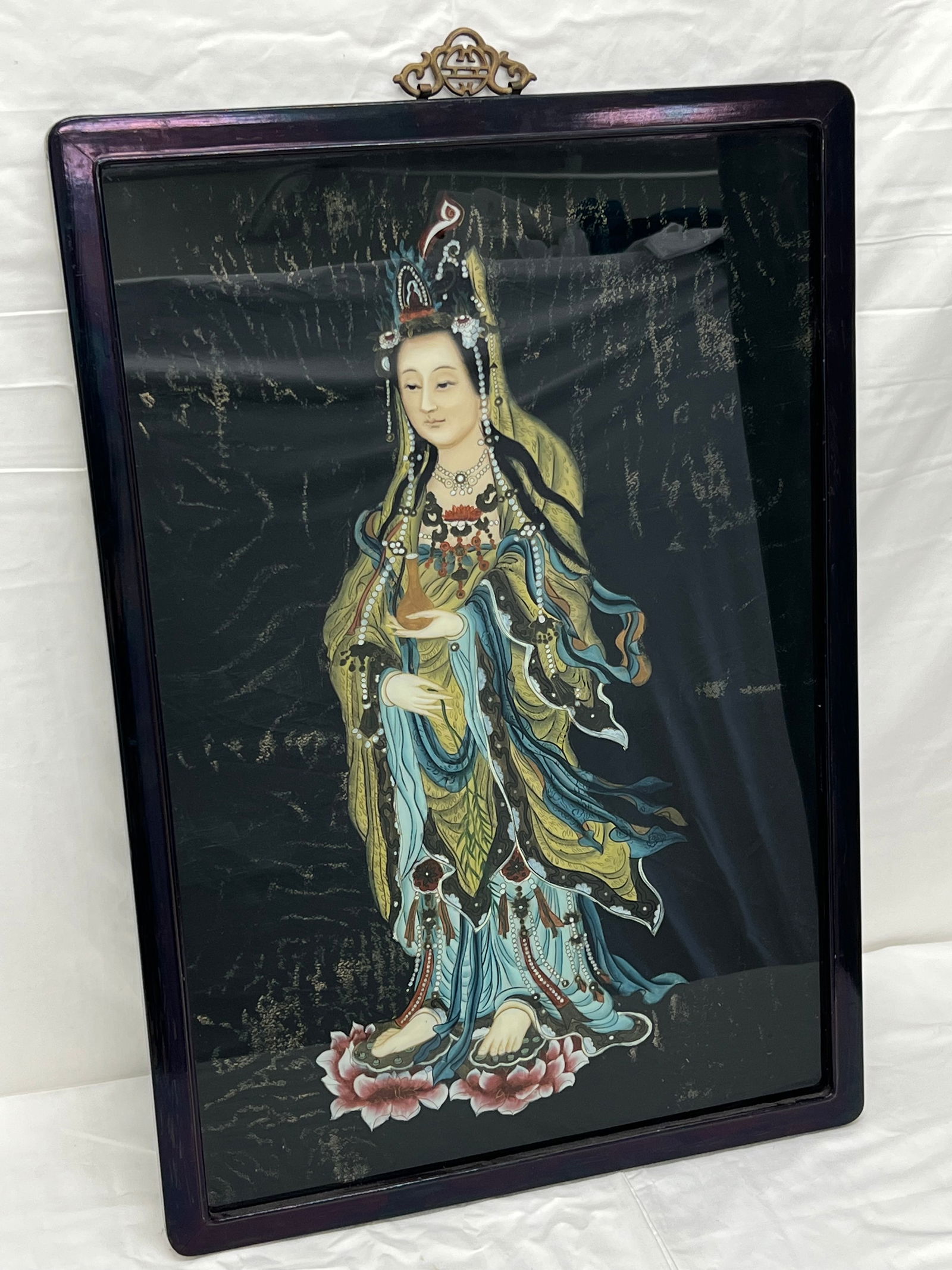 Antique Chinese Reverse Glass Painting of Guanyin - Framed 19.25'' x 27.75'' (1 of 5)