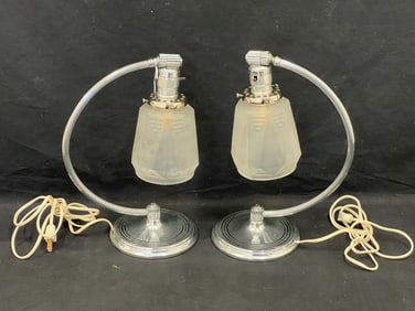 Pr ''Chase'' Art Deco Lamps 13''T w/ Original Shades - Chrome Base