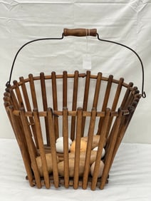 Shaker Stave Wooden Apple / Gathering Basket - Wood w/ Wire & Metal Handle - See Photos for