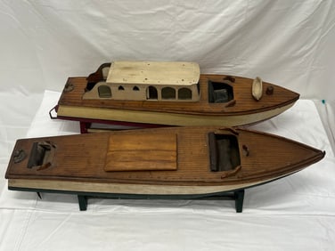 (2)Vintage Wooden Pond Boat Models -  (1)30''L w/ Cabin, (1)33''L - Both w/ Stands