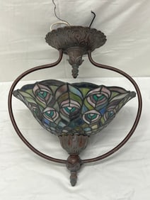 Stained Glass Peacock Feathers Ceiling Mount Lamp - Lamp w/ Blues, Purples, Green Colors - 11.75''