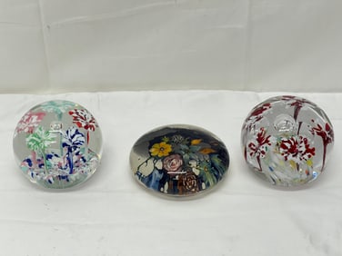 (3)Art Glass Paperweights - (1)Handpainted & Signed