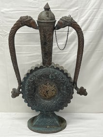 Large 19thC Copper , Brass Dragon Handled Vessel - Atq Middle Eastern Incense Burner Vessel w/