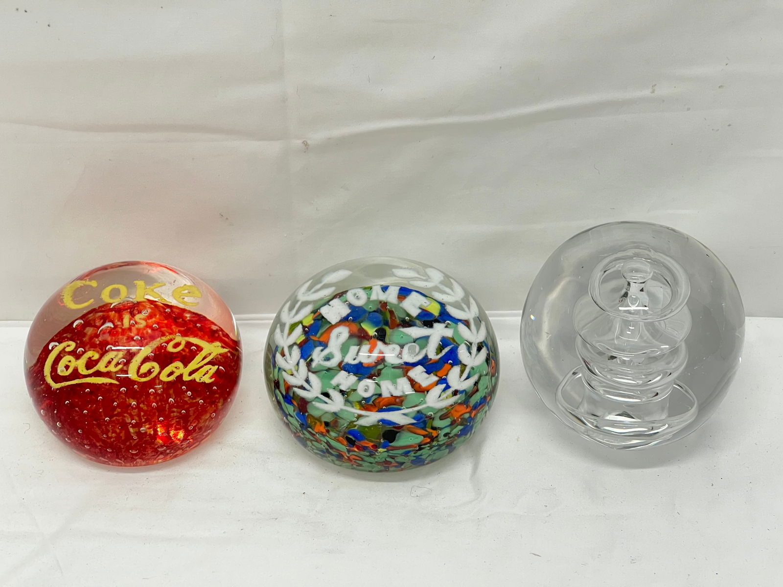 (3)Art Glass Paperweights - Home Sweet Home, Coke is Coca-Cola, Twisted Twister: (3)Art Glass Paperweights - Home Sweet Home, Coke is Coca-Cola, Twisted Twister
