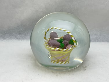 Art Glass Paperweight w/ Basket of Eggplants 2.5'' x 2.5''