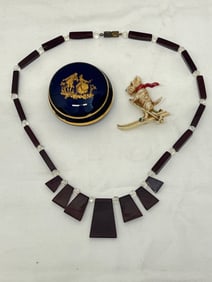Bakelite Necklace + Dog Pin w/ Limoges Box - Colbalt Blue Limoges Trinket Box w/ Courting Scene ,