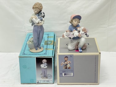 (2)Lladro Boy Figures, Skateboard + Dog, Original Boxes - Little Riders Skateboard #7609 , My Buddy