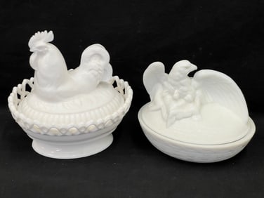 Vintage Rooster + Eagle Milk Glass Covered Dishes - (1)West Moreland Eagle w/ Babies 7'' x 5.5'' x
